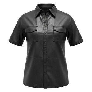Gold Hawk Faux Leather Short Sleeve Button Up Shirt Black S